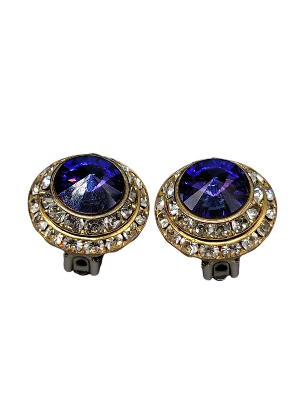 Vintage Lilac Rivoli Clip On Earrings Double Crystal Halo Domed Gold Tone - Picture 5 of 11